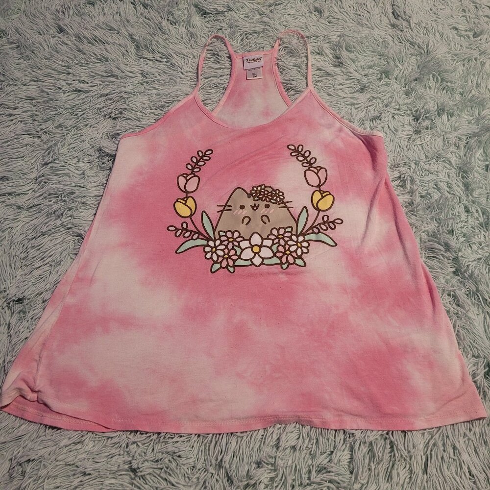 Pusheen Floral Tie Dye Print Strappy Tank Top Sleeveless Crew Neck Pink Size S